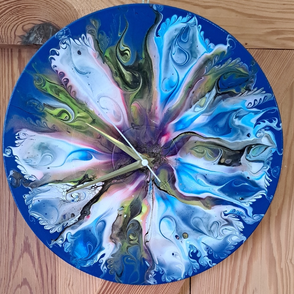 Hand Crafted Abstract Blue and Green Wall Art Clock Fluid Art
